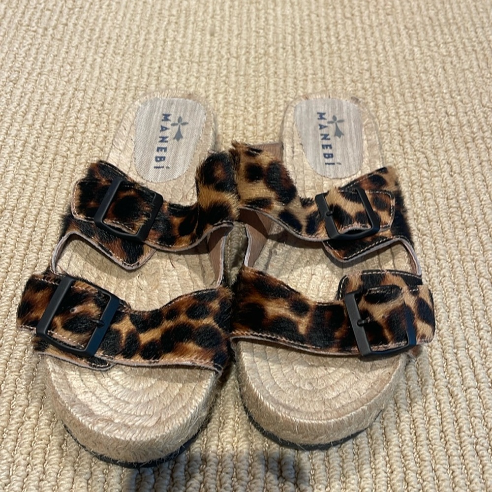 Manebi Birkenstock style leopard espadrille sandal with buckles size 10